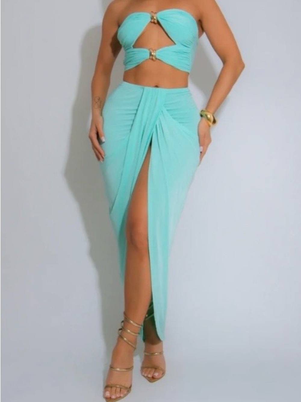 Turquoise Ruched Maxi Skirt Set with Front Slit Sz L